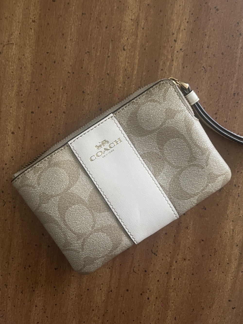 Coach Beige and White Logo Wristlet